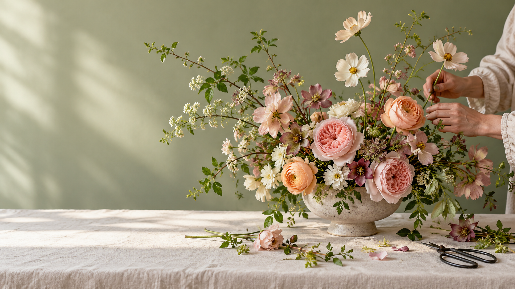 AI-generated concept study: hands arranging pastel flowers, not Grace’s work